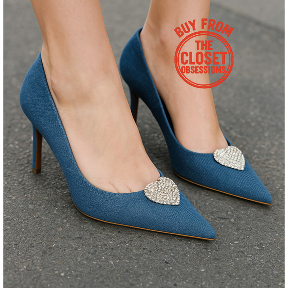 MANGO Embellished Heels NWT | Denim Point Toe w/ Rhinestone Heart - Picture 1 of 16